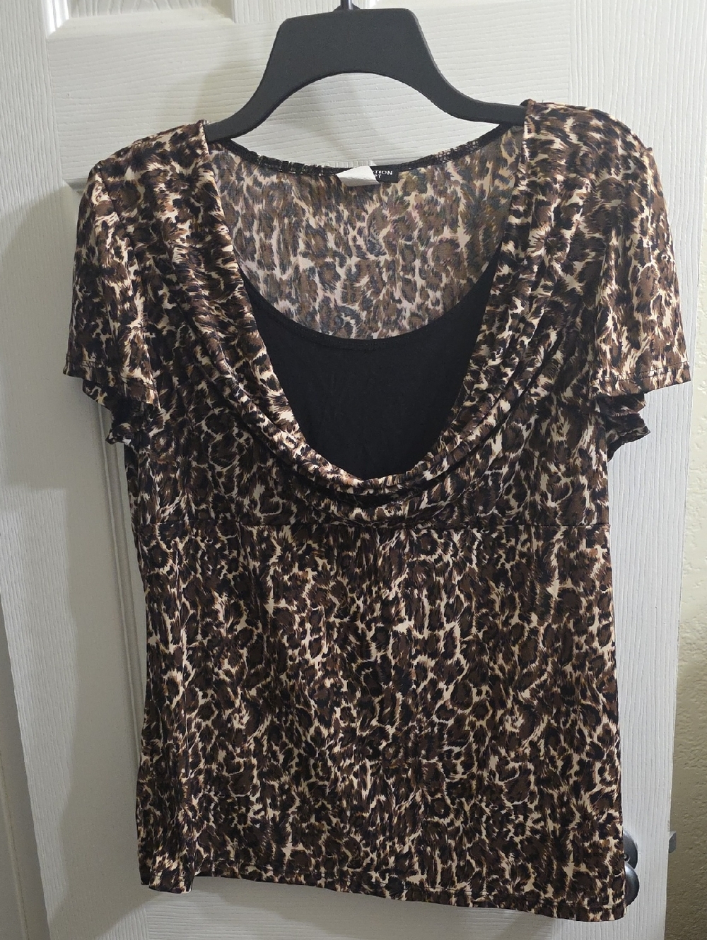 Perseption Brown and Black Leopard Print Draped Neck Blouse Size L